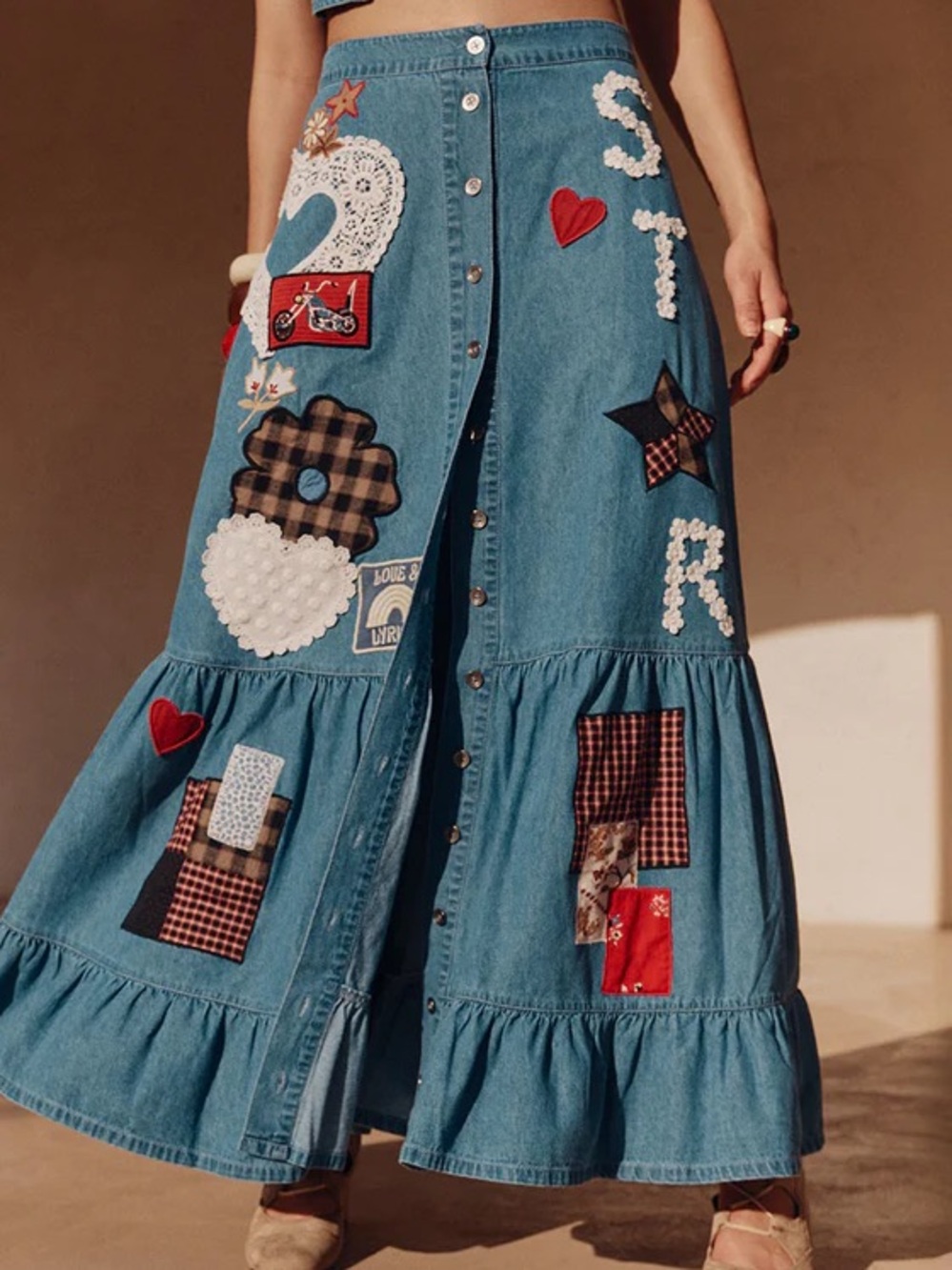 Spell Denim Patchwork Button-Front Maxi Skirt - Blue with Red Accents